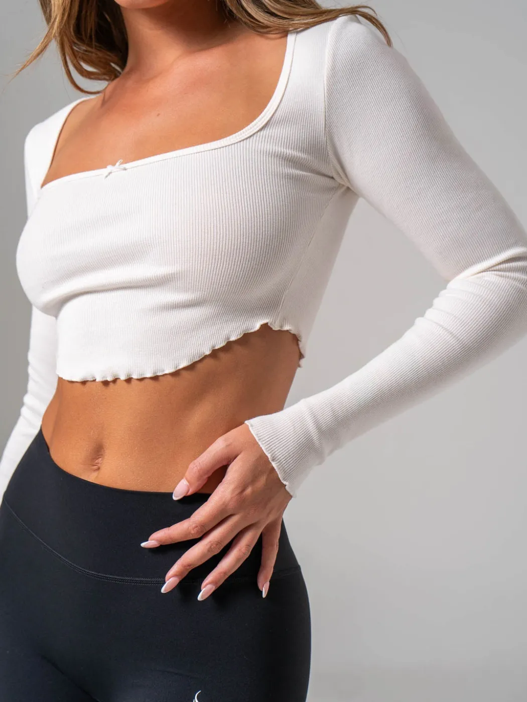 Bow Ribbed Long Sleeve Crop